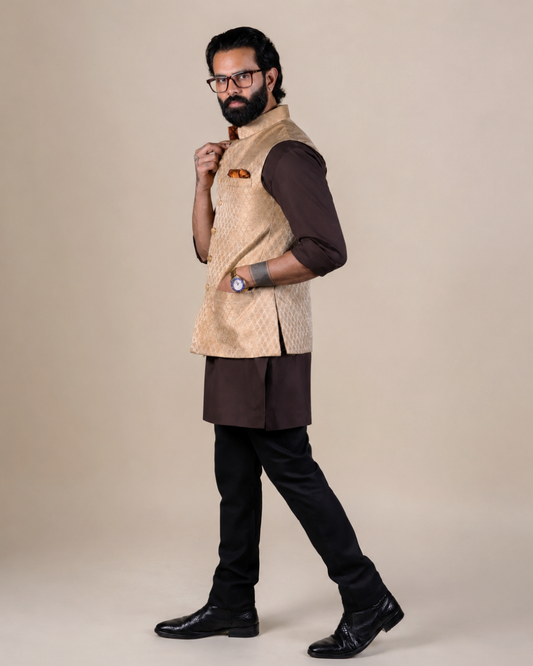 Golden Brocade Nehru Jacket Set