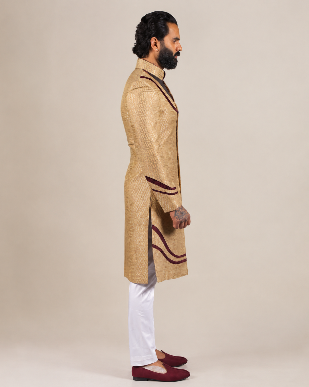 Golden Sherwani with Velvet Yoke Detailing
