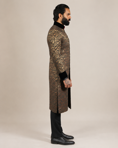 Brown Golden Brocade Sherwani