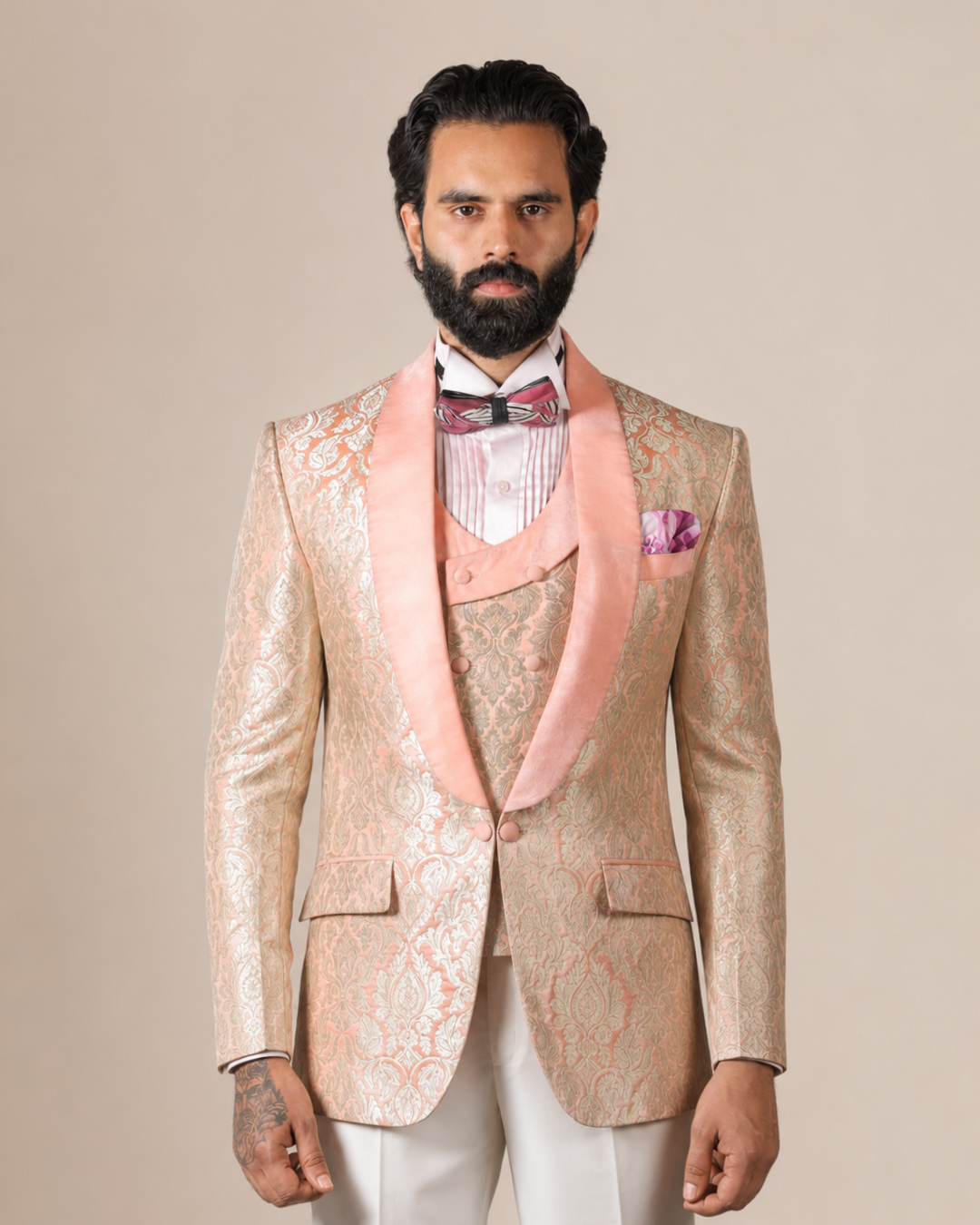 Peach Gold Brocade Tuxedo Suit