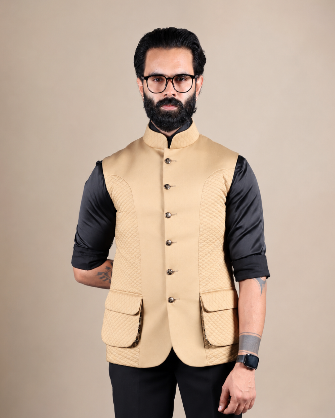 Beige Terry Wool Quilted Nehru Jacket