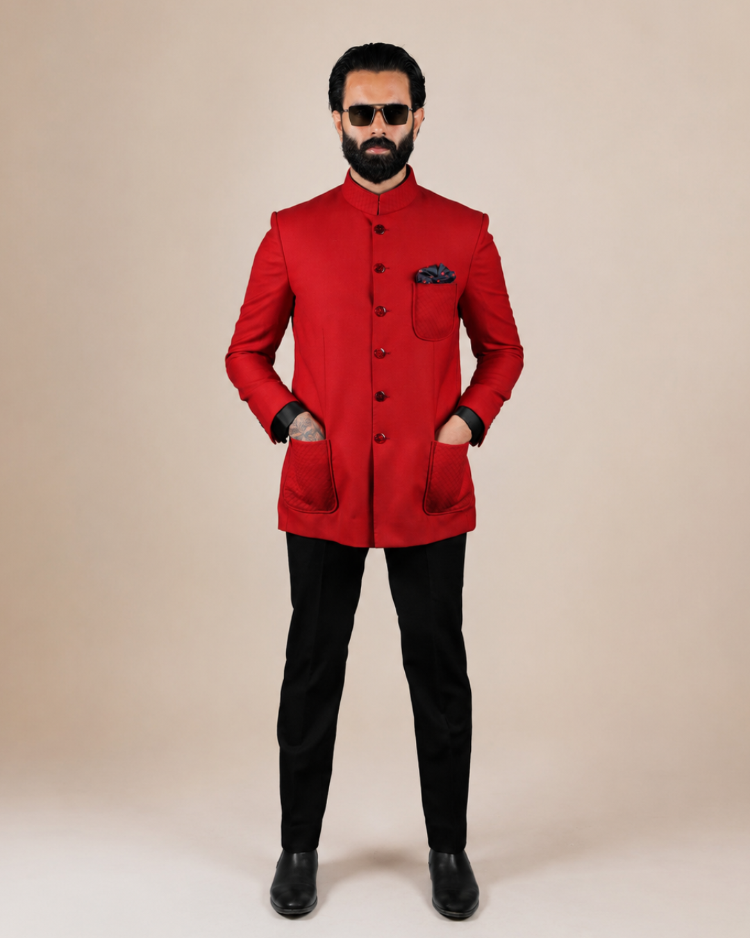 Red Bandhgala with Quilted Pockets