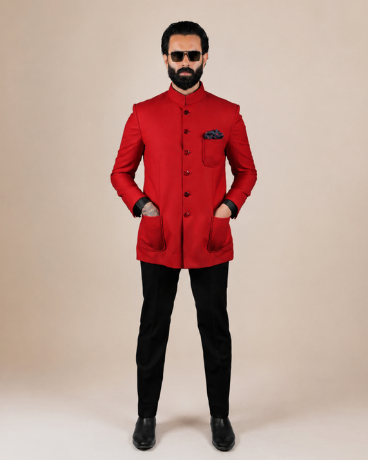 Red Bandhgala with Quilted Pockets