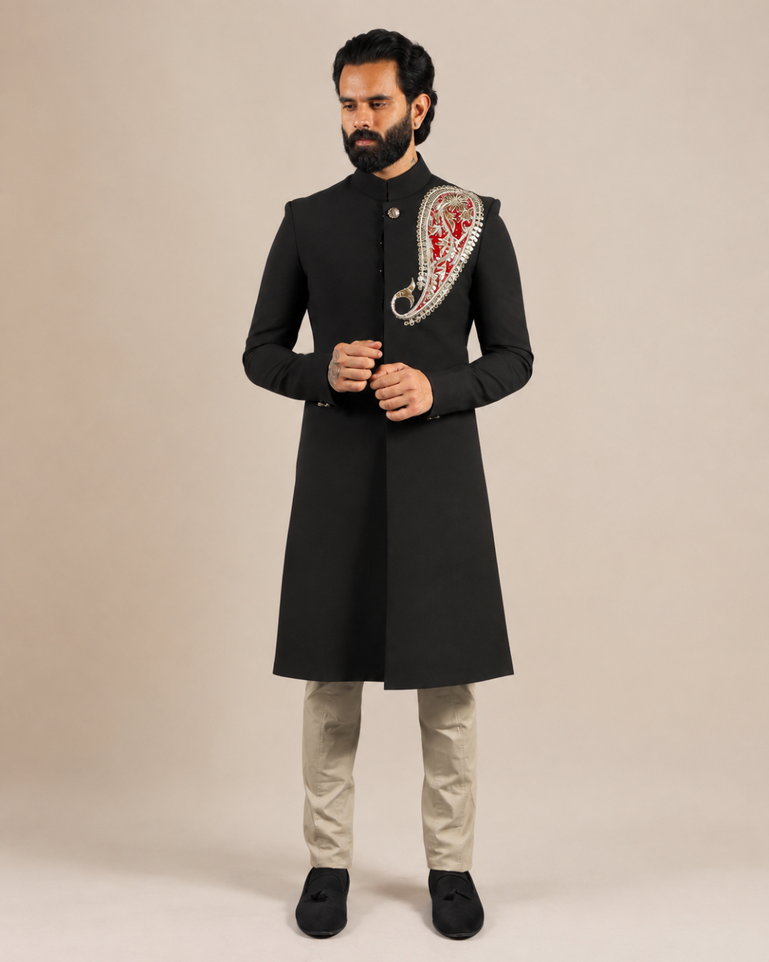 Black Embroidered Achkan Sherwani