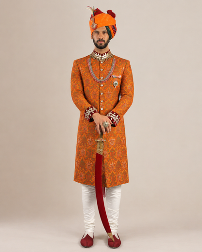 Orange Jacquard Silk Sherwani