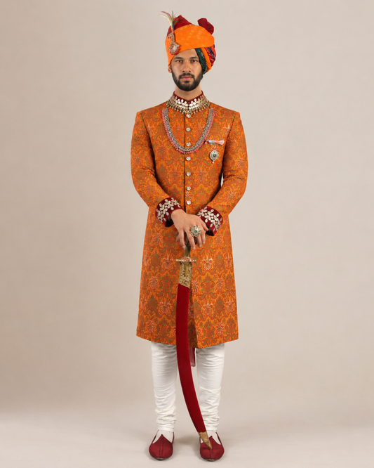 Orange Jacquard Silk Sherwani