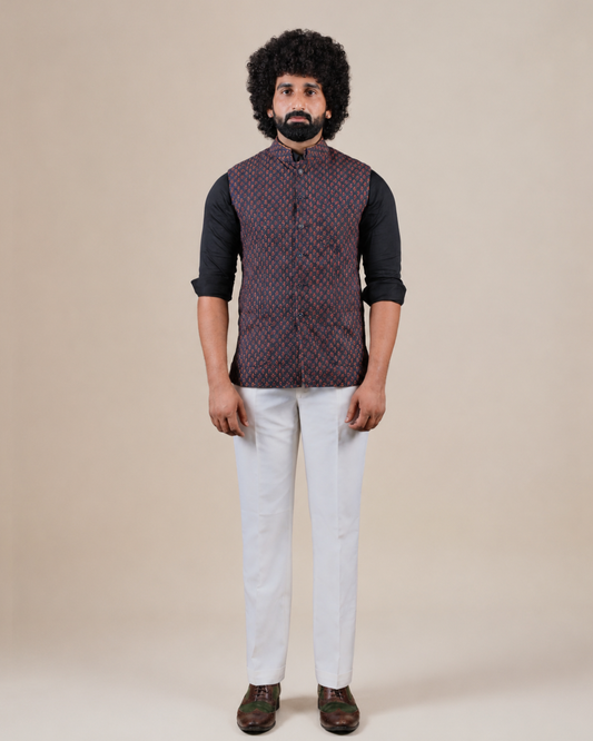 Dark Blue Floral Print Nehru Jacket