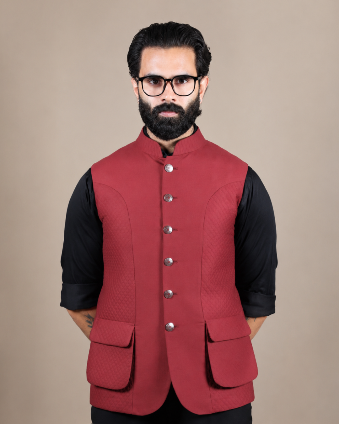 Maroon Textured Nehru Jacket
