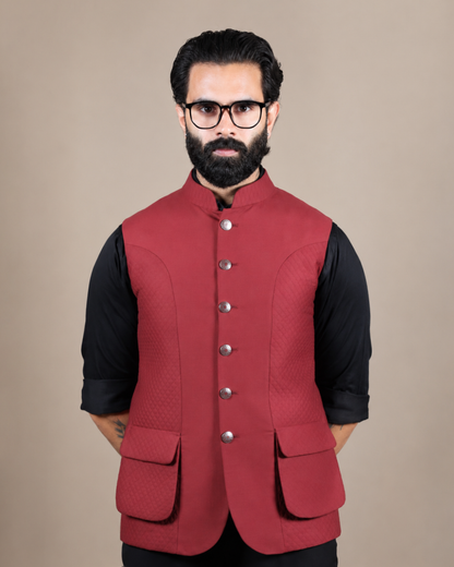 Maroon Textured Nehru Jacket