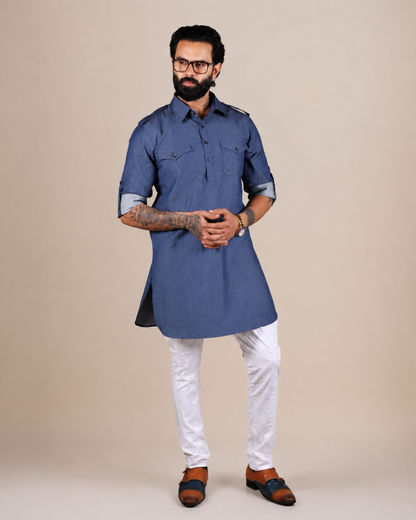 Blue Denim Pathani Kurta Set