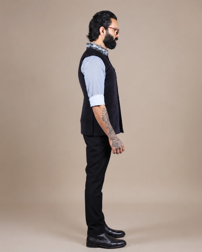 Black Nehru Jacket with Fur Collar