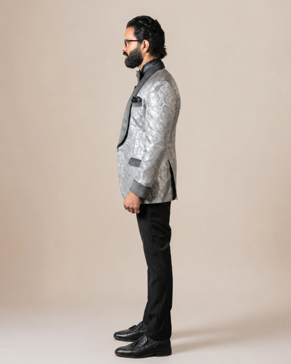 Silver Jacquard Floral Tuxedo Suit