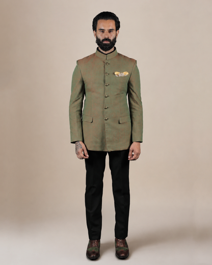 Olive Green Silk Blend Bandhgala