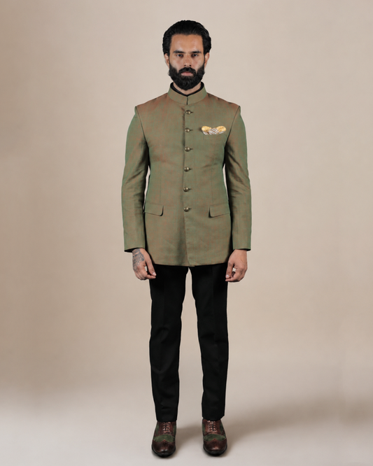 Olive Green Silk Blend Bandhgala