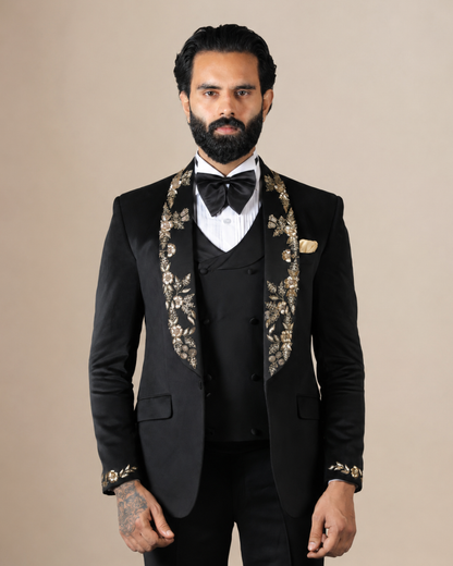 Black Velvet Embroidered Tuxedo Suit