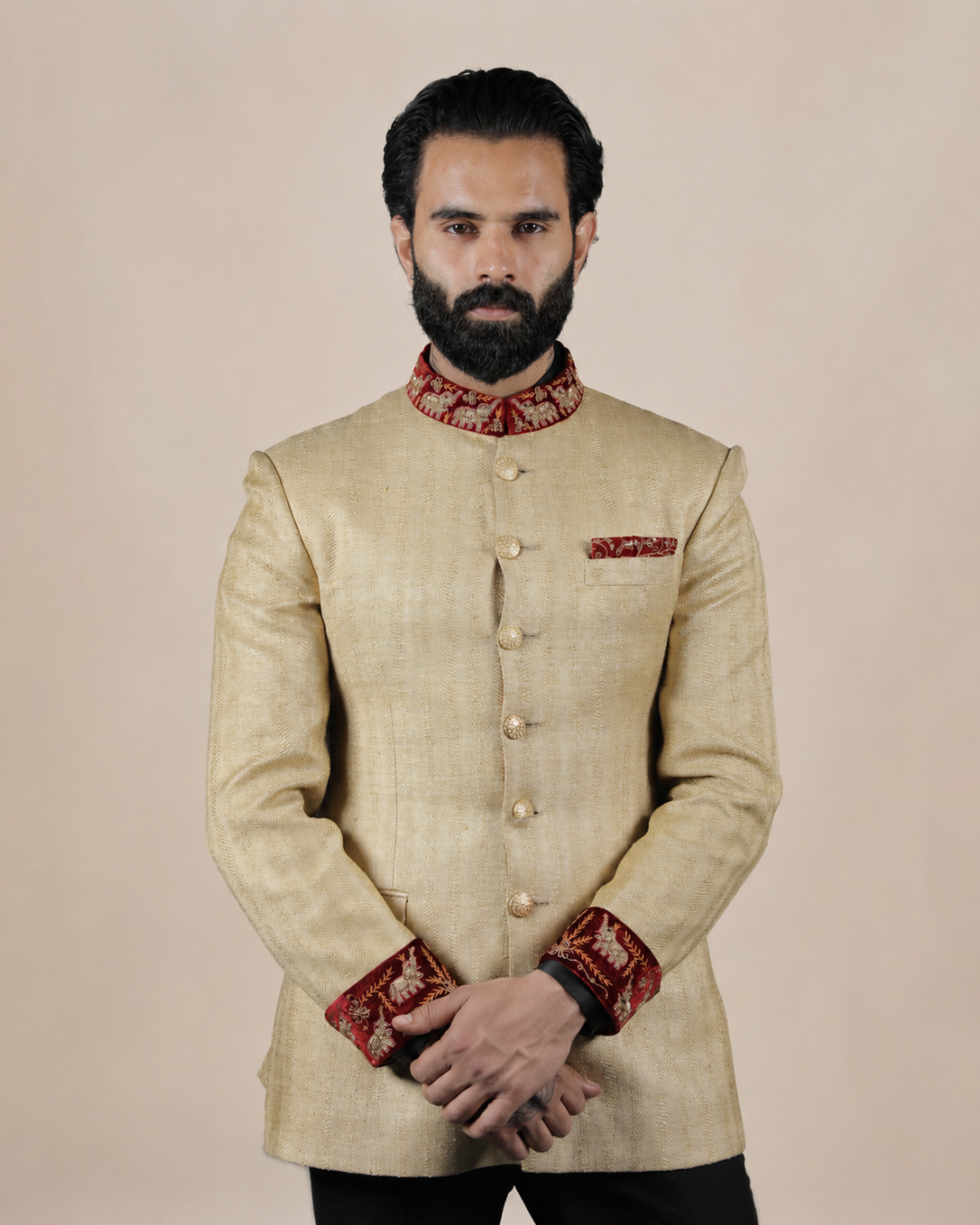 Beige Silk Blend Bandhgala Set
