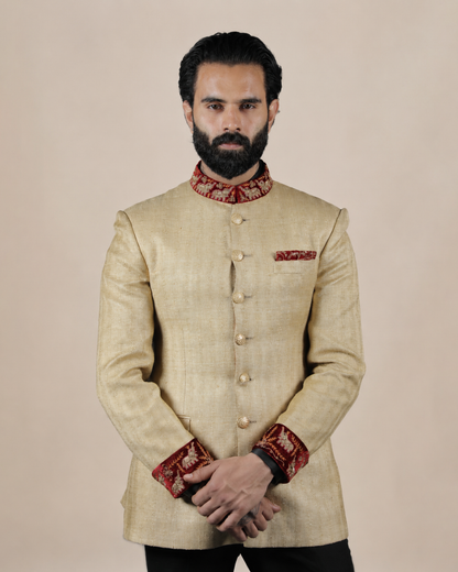 Beige Silk Blend Bandhgala Set