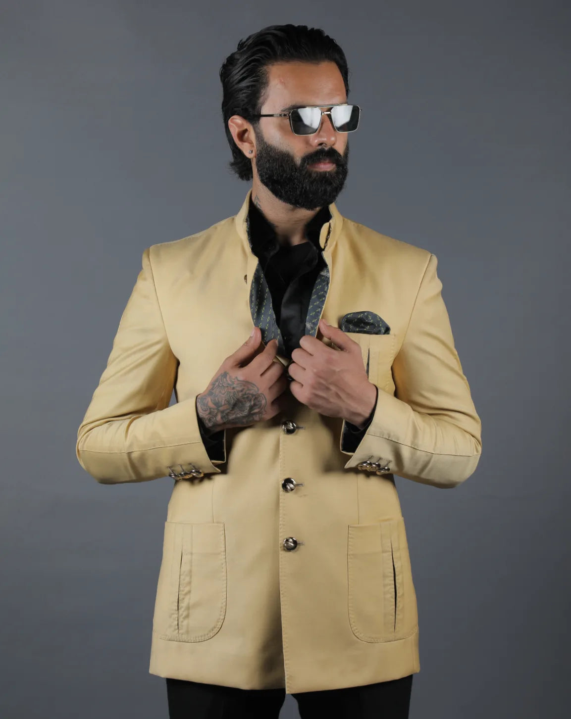 Beige Terry Wool Bandhgala Set