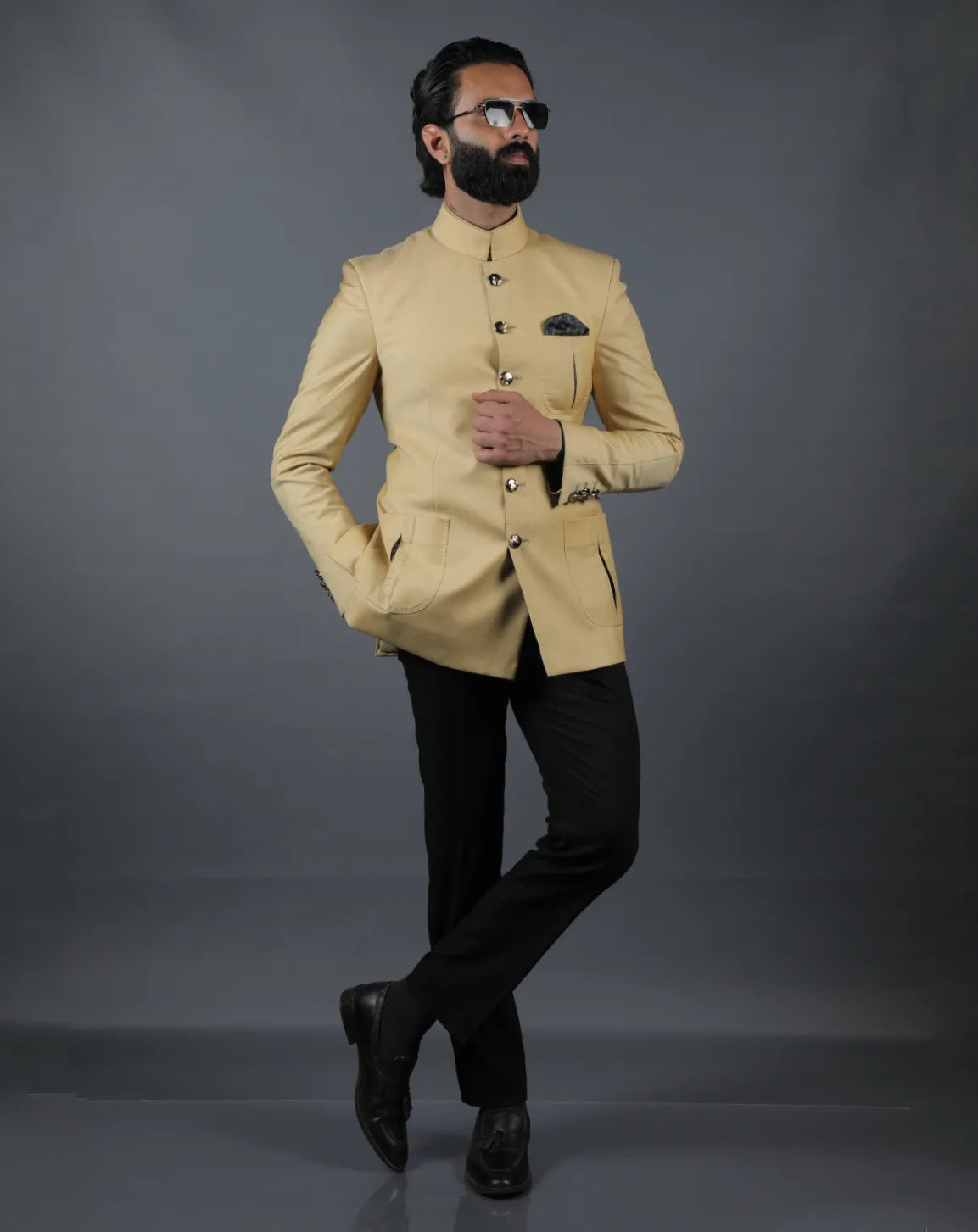 Beige Terry Wool Bandhgala Set