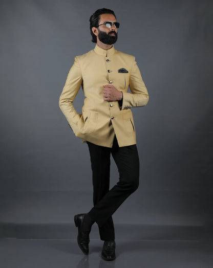 Beige Terry Wool Bandhgala Set