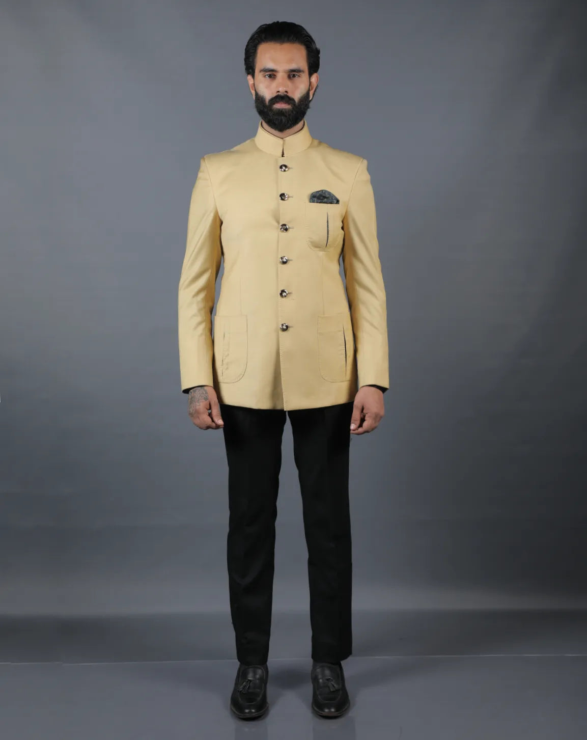 Beige Terry Wool Bandhgala Set