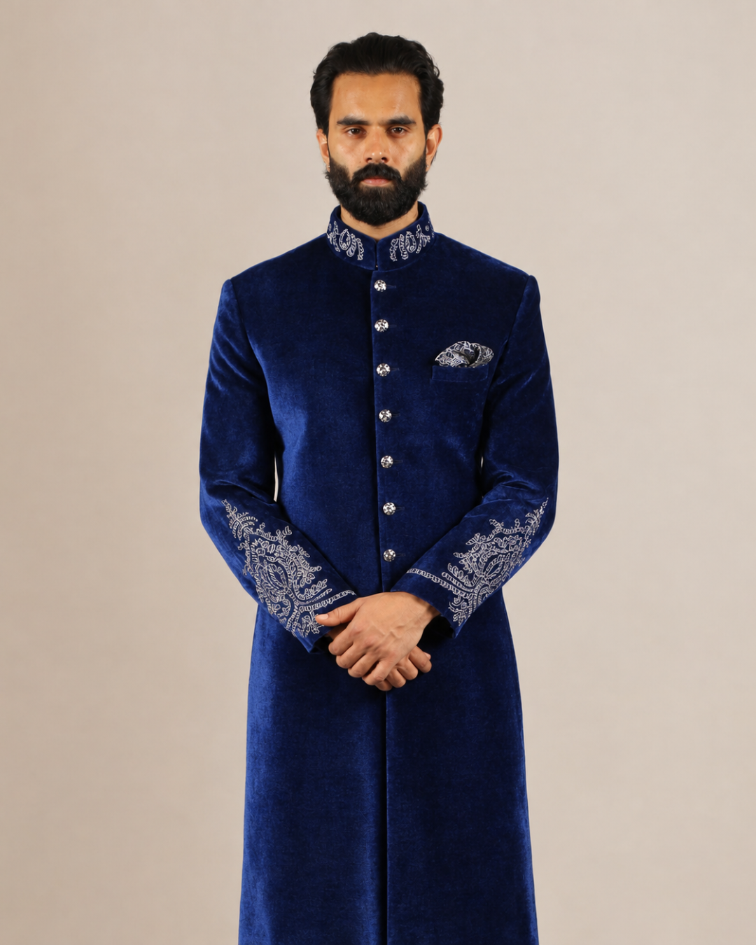 Royal Blue Velvet Embroidered Sherwani