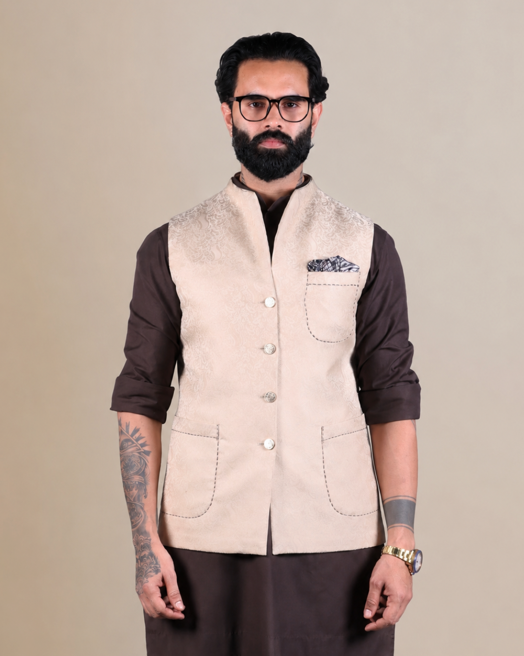 Cream Patterned Nehru Jacket