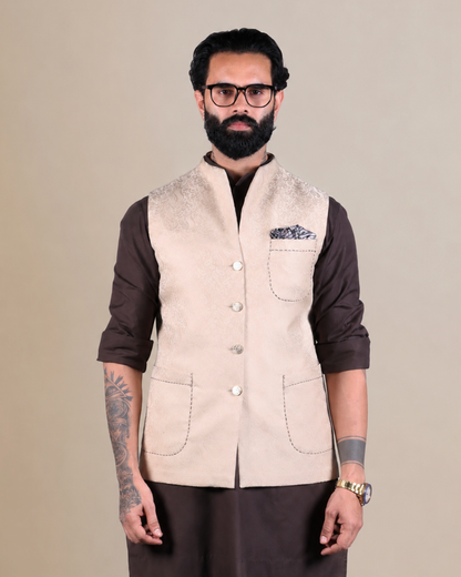Cream Patterned Nehru Jacket