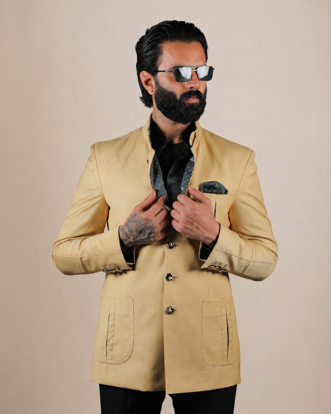 Beige Terry Wool Bandhgala Set