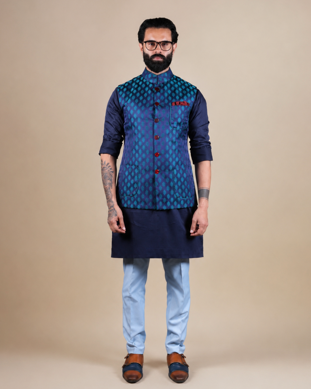Royal Blue Woven Jacquard Nehru Jacket