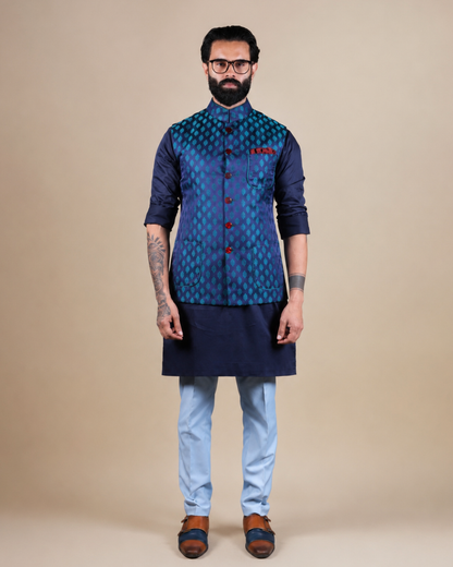 Royal Blue Woven Jacquard Nehru Jacket