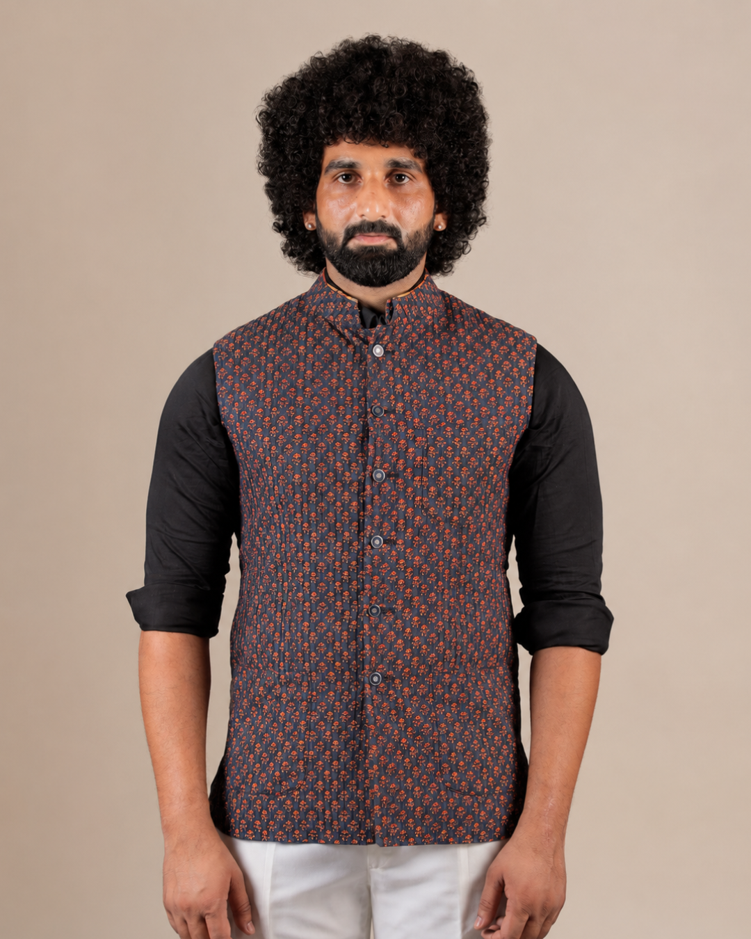 Dark Blue Floral Print Nehru Jacket