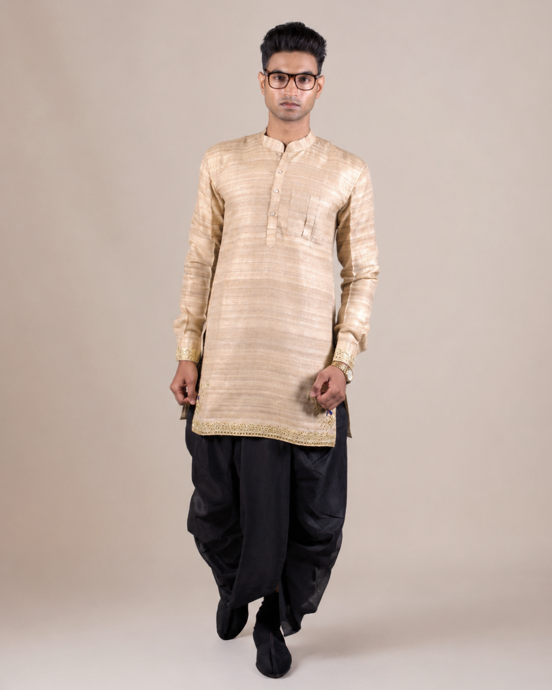Beige Silk Kurta with Black Dhoti
