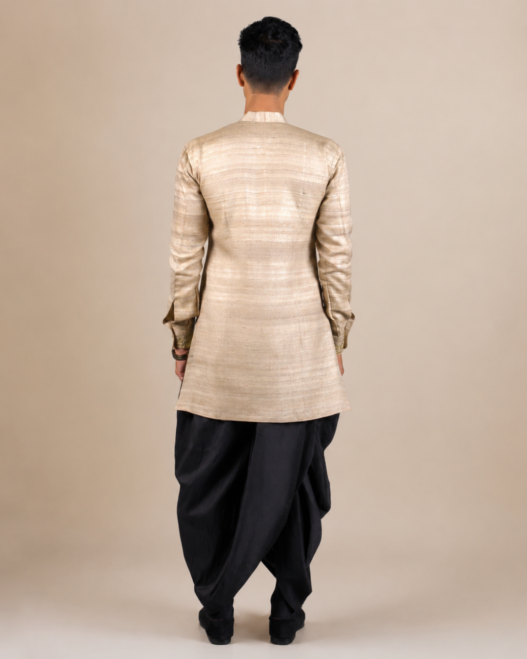 Beige Silk Kurta with Black Dhoti