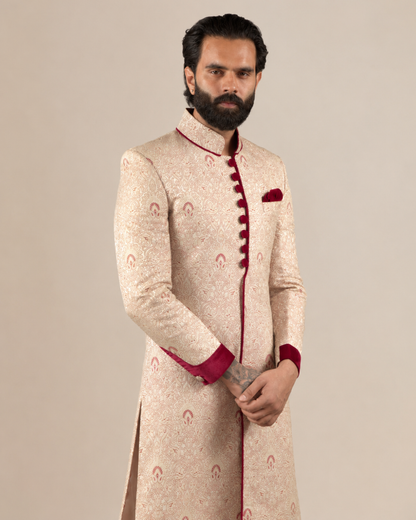 Cream & Maroon Brocade Sherwani Set