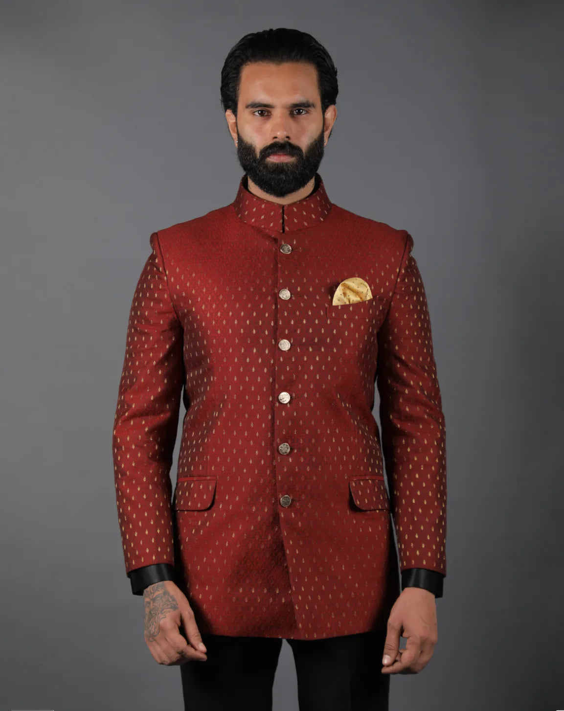 Deep Red Brocade Bandhgala
