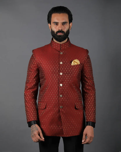 Deep Red Brocade Bandhgala