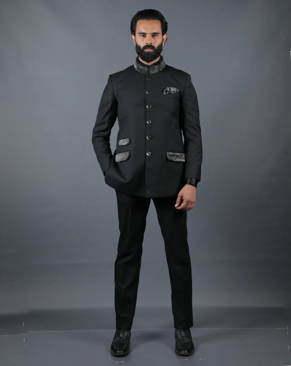 Black Bandhgala Suit with Fur