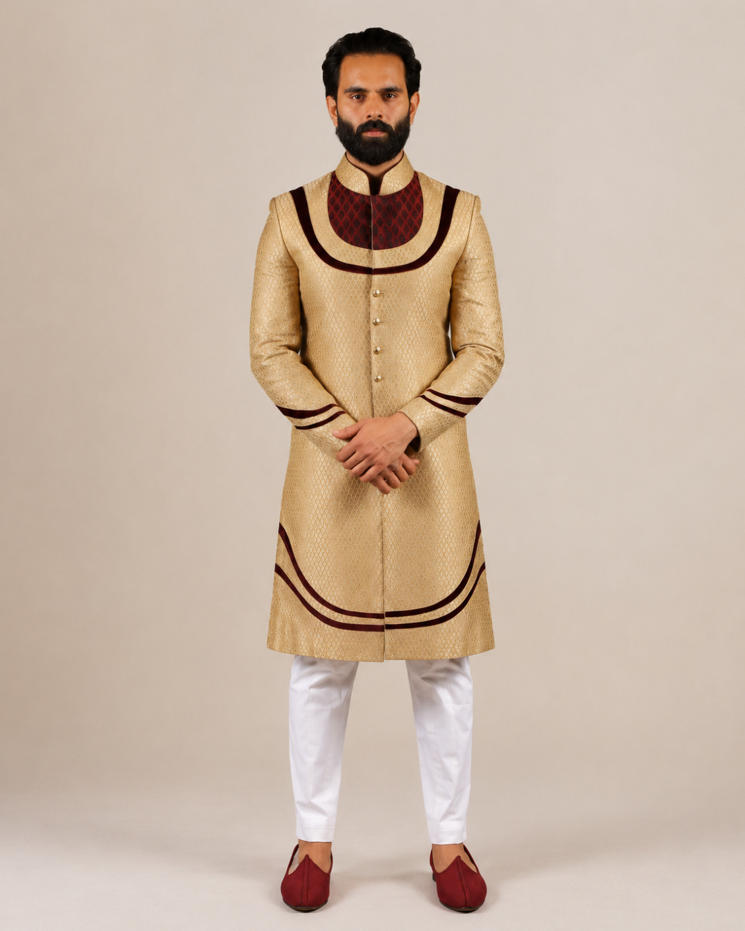 Golden Sherwani with Velvet Yoke Detailing