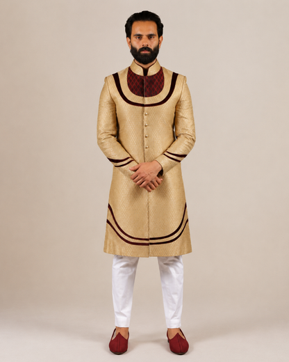 Golden Sherwani with Velvet Yoke Detailing