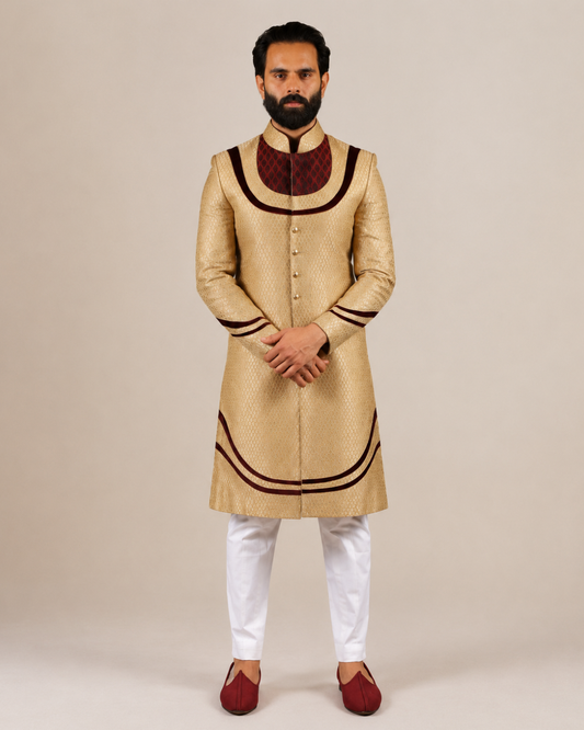 Golden Sherwani with Velvet Yoke Detailing