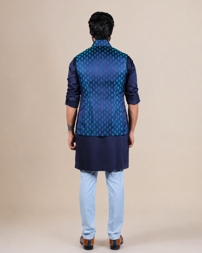 Royal Blue Woven Jacquard Nehru Jacket