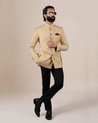 Beige Terry Wool Bandhgala Set
