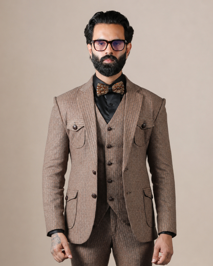 Brown Striped Woolen 3-Piece Suit