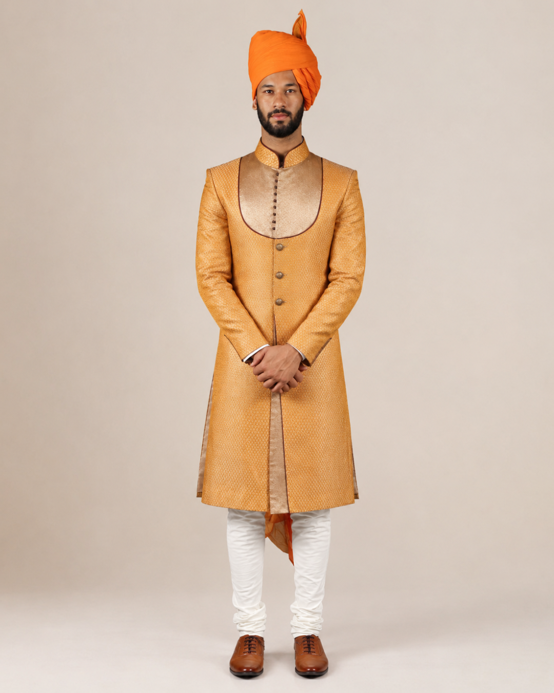Orange Brocade Sherwani with Golden Yolk