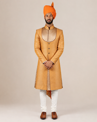 Orange Brocade Sherwani with Golden Yolk