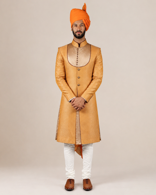 Orange Brocade Sherwani with Golden Yolk