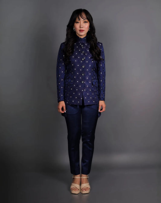 Navy Blue Silk Brocade Bandhgala Suit
