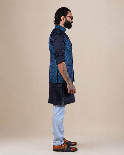 Royal Blue Woven Jacquard Nehru Jacket