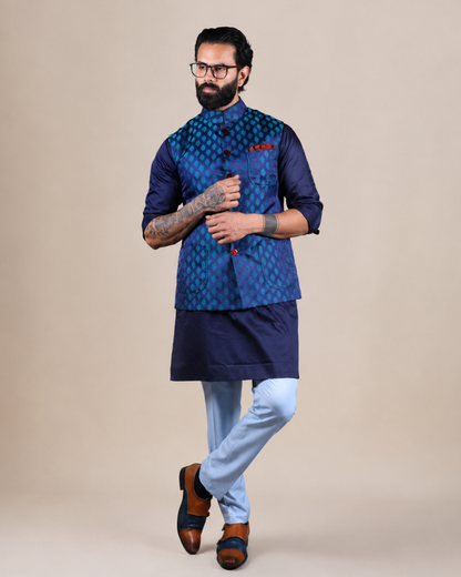 Royal Blue Woven Jacquard Nehru Jacket